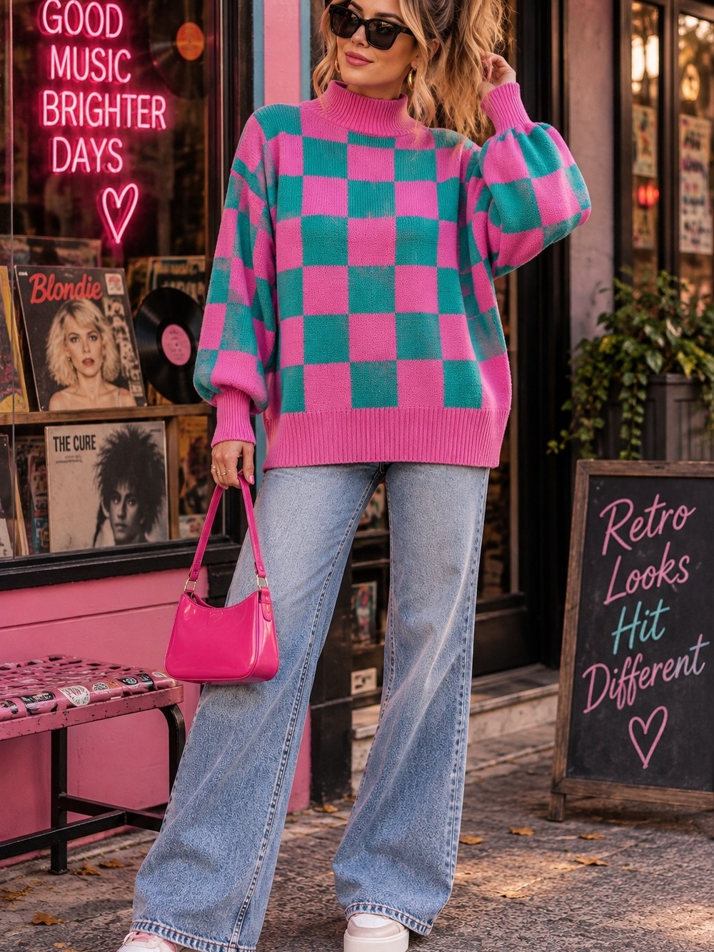 Retro Vintage 80's Checked Mock Neck Sweater - Pink & Teal